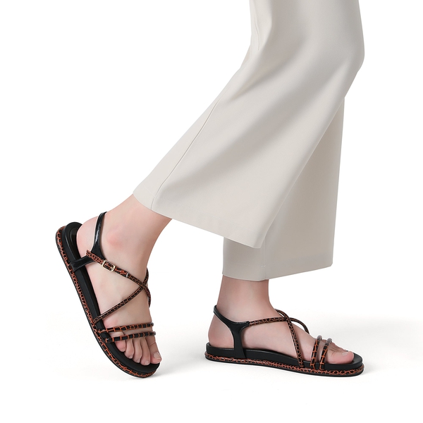 Round Toe Dressy Flat Sandals - BLACK ORANGE - 2